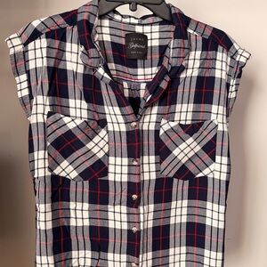 Jachs New York Sleeveless/cap sleeve Plaid Button-Up Shirt in Navy, White & Red
